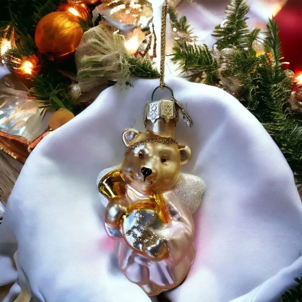 Gold Pink Angel Teddy Bear Ornament Hand Blown Glass Thomas Pacconi Classics '02
